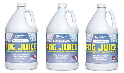 Essential Values DJ’s Party Fog Juice 3 PACK (128 FL OZ / 1 Gallon Per Jug) – Produces Long Lasting Medium Fog for Water Based Foggers