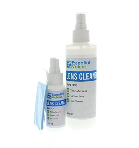 Lens Cleaner, 8oz & BONUS 2oz Travel w/ Microfiber Cloth For Optical Lens and Canon, Sony & Nikon DSLR Camera Lens and LCD Screens By Essential Values