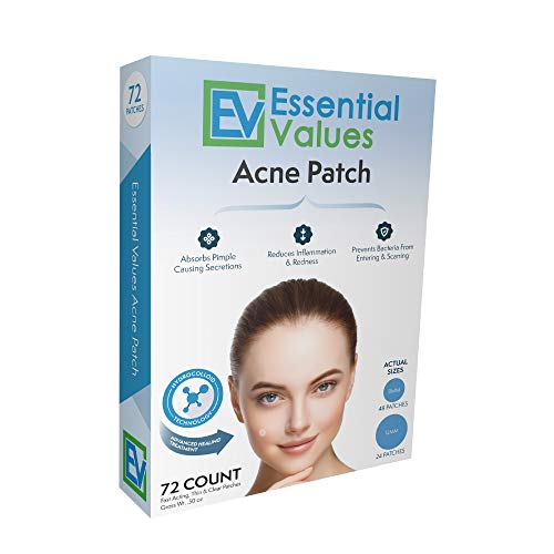 Essential Values Hydrocolloid Acne Patch (72 Count), A Drug Free Treatment That Fights Pesky Pimple Blemishes