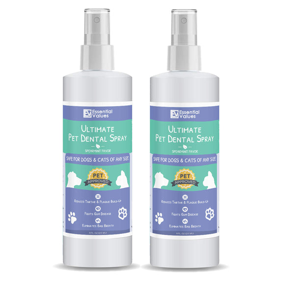 Essential Values 2 Pack (8 Fl OZ) Pet Dental Spray & Water Additive for Dogs and Cats - Excellent for Bad Pet Breath + Spearmint Taste